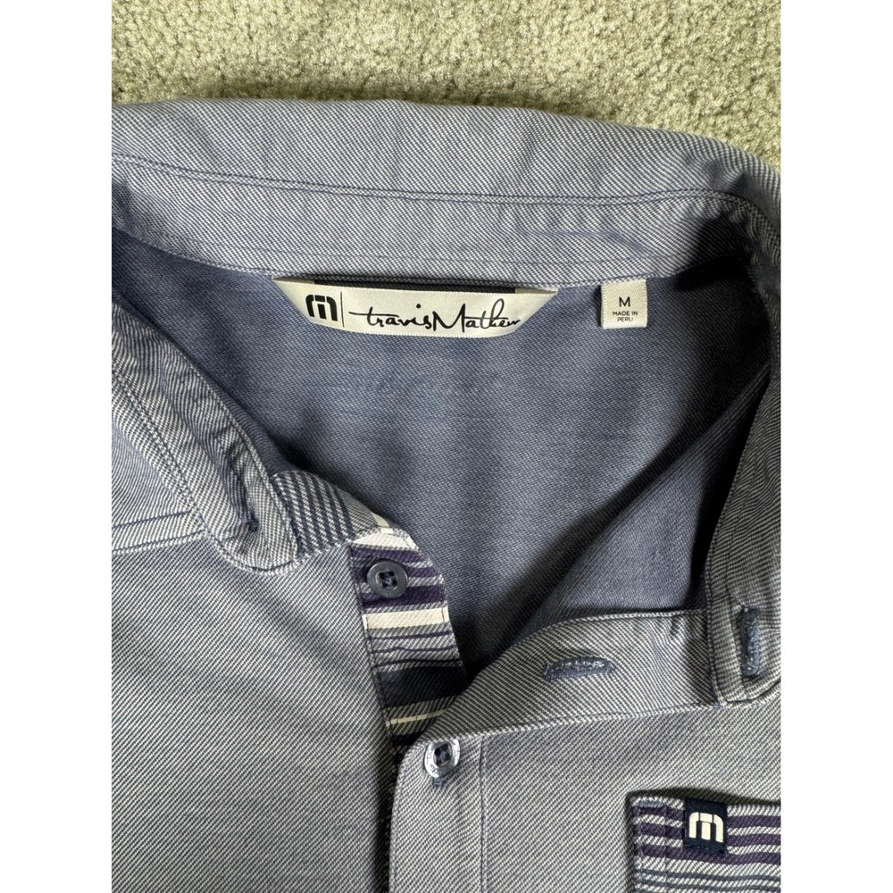 TravisMathew Mens Blue Striped Pima Cotton Blend Pocket Polo Shirt Medium - Picture 3 of 8